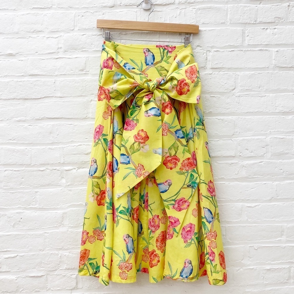 Brooke Wright Designs || Pleated Skirt with Sash Belt Bow Birds Floral Yellow 12 - Picture 1 of 10